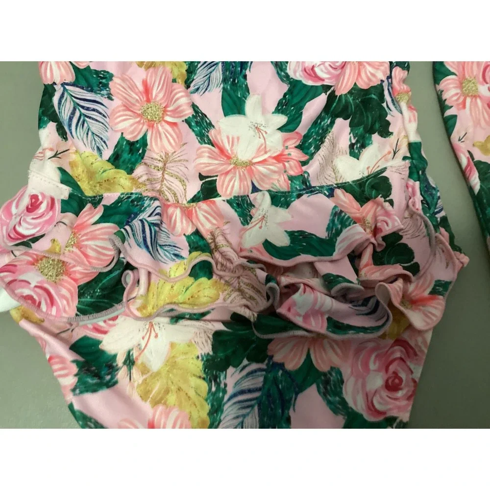 Tame the Sun Swimsuit Kids 7 Pink‎ Floral Long Sleeve Ruffles Tropical